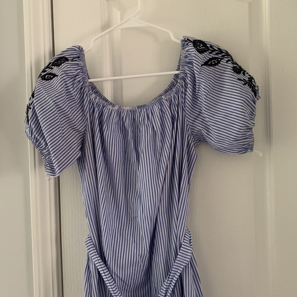 Who What Wear Dress Embroidered Striped Large pockets tie waist off Shoulders - Picture 12 of 16